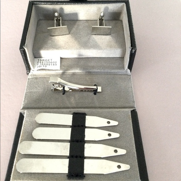 Men’s Cuff Links, Tie Tack, Collar Stays Silver Tone in Black Box Never Worn - Picture 4 of 5